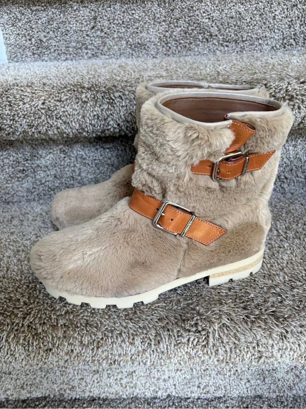 Jimmy Choo London Teddy Women’s Faux Fur Tan Buckle Ankle Boots